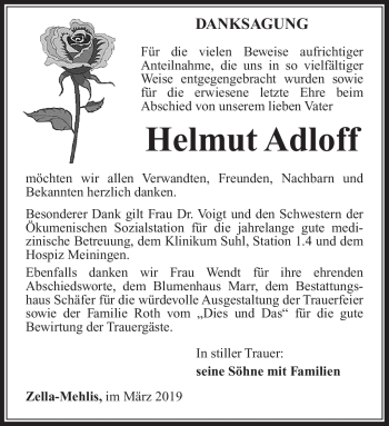 Traueranzeige von Helmut Adloff von Südthüringer Presse
