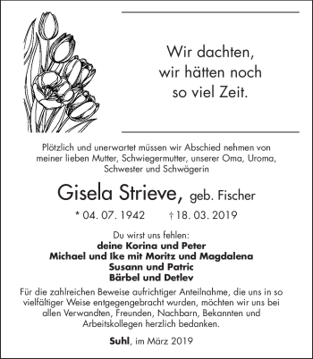 Traueranzeige von Gisela Strieve von Südthüringer Presse