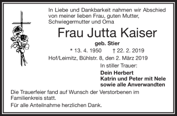 Traueranzeige von Jutta Kaiser von Frankenpost