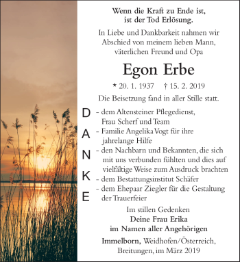 Traueranzeige von Egon Erbe von Südthüringer Presse