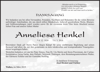 Traueranzeige von Anneliese Henkel von Südthüringer Presse