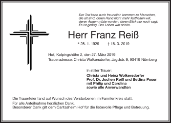 Traueranzeige von Franz Reiß von Frankenpost