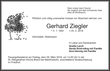 Traueranzeige von Gerhard Ziegler von Frankenpost