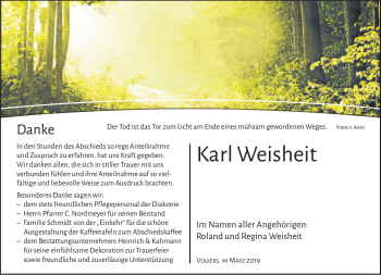 Traueranzeige von Karl Weisheit von Südthüringer Presse