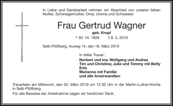 Traueranzeige von Gertrud Wagner von Frankenpost