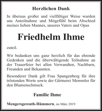 Traueranzeige von Friedhelm Ihme von Südthüringer Presse