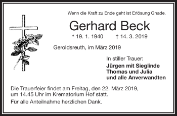 Traueranzeige von Gerhard Beck von Frankenpost