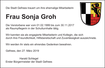 Traueranzeige von Sonja Groh von Frankenpost
