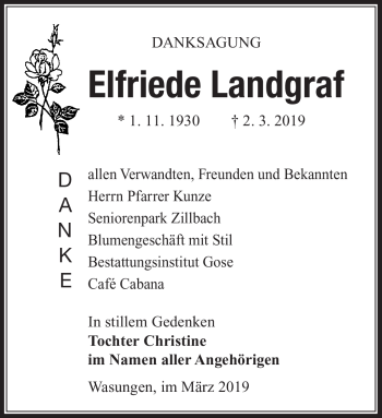 Traueranzeige von Elfriede Landgraf von Südthüringer Presse