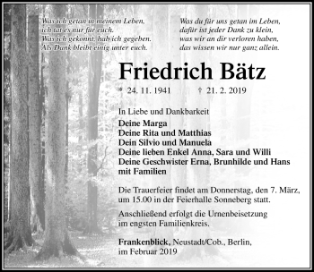 Traueranzeige von Friedrich Bätz von Südthüringer Presse