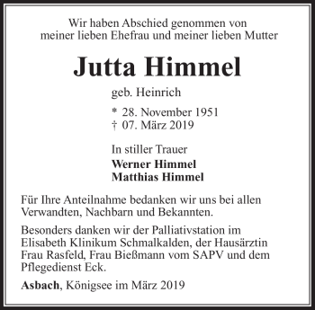Traueranzeige von Jutta Himmel von Südthüringer Presse