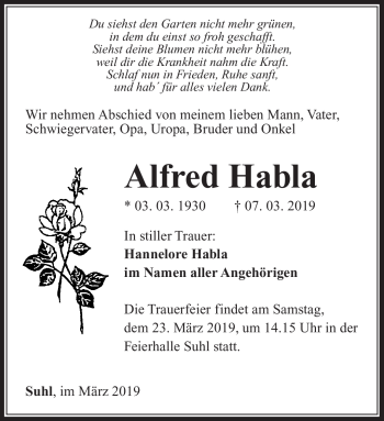 Traueranzeige von Alfred Habla von Südthüringer Presse