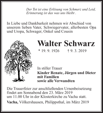Traueranzeige von Walter Schwarz von Südthüringer Presse