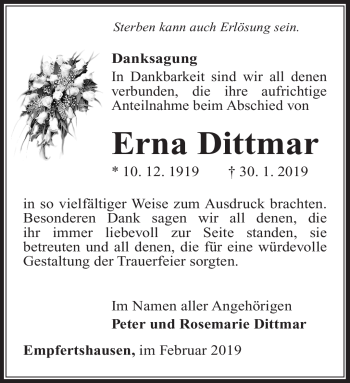 Traueranzeige von Erna Dittmar von Südthüringer Presse