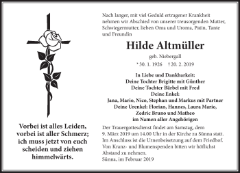 Traueranzeige von Hilde Altmüller von Südthüringer Presse