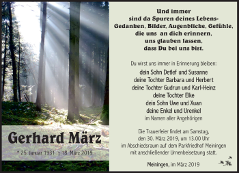 Traueranzeige von Gerhard März von Südthüringer Presse
