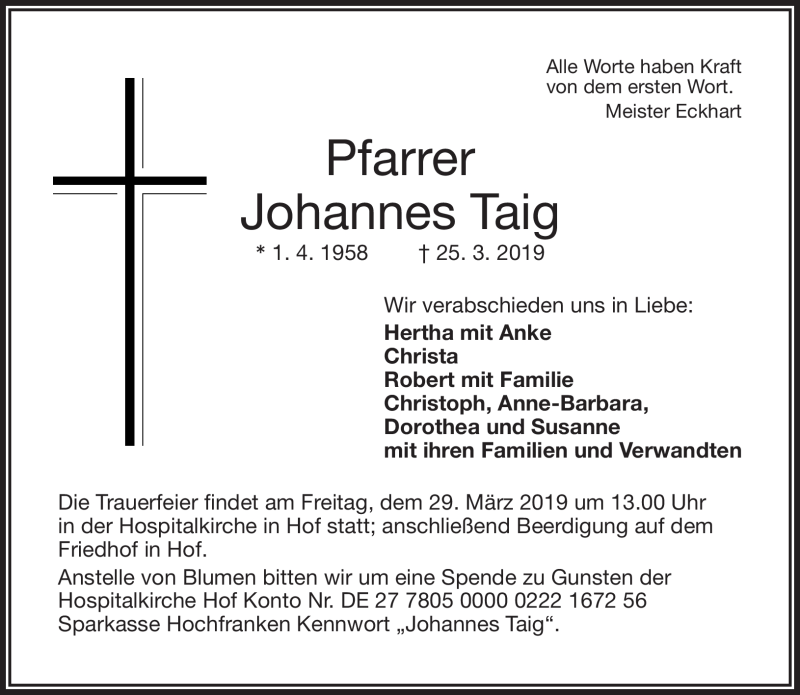  Traueranzeige für Johannes Taig vom 28.03.2019 aus Frankenpost