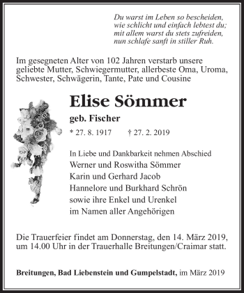 Traueranzeige von Elise Sömmer von Südthüringer Presse