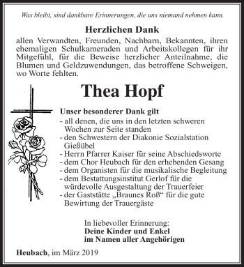 Traueranzeige von Thea Hopf von Südthüringer Presse