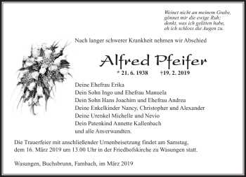 Traueranzeige von Alfred Pfeifer von Südthüringer Presse