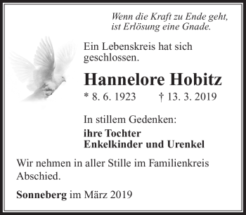 Traueranzeige von Hannelore Hobitz von Südthüringer Presse