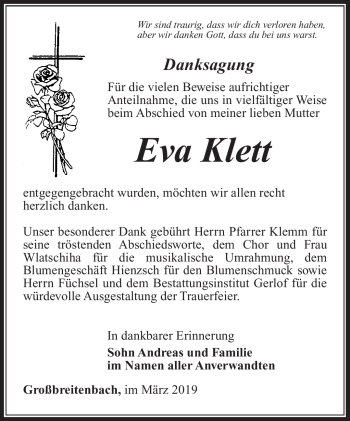 Traueranzeige von Eva Klett von Südthüringer Presse