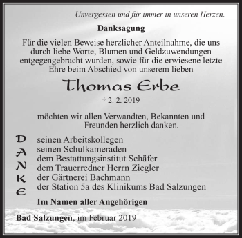Traueranzeige von Thomas Erbe von Südthüringer Presse