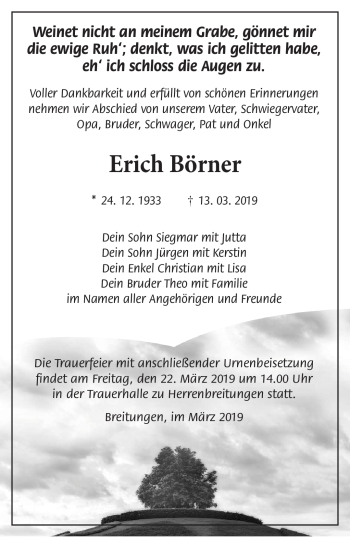 Traueranzeige von Erich Börner von Südthüringer Presse