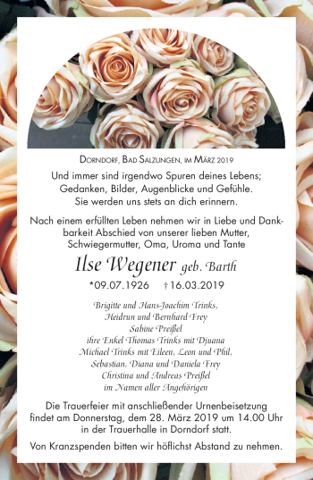 Traueranzeige von Ilse Wegener von Südthüringer Presse