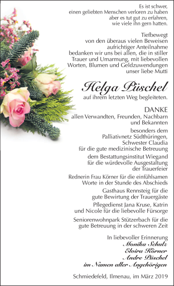 Traueranzeige von Helga Püschel von Südthüringer Presse