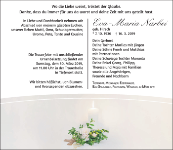 Traueranzeige von Eva-Maria Narbei von Südthüringer Presse