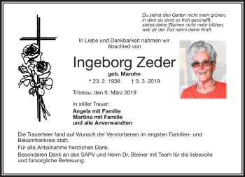 Traueranzeige von Ingeborg Zeder von Frankenpost