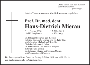 Traueranzeige von Hans-Dietrich Mierau von Südthüringer Presse