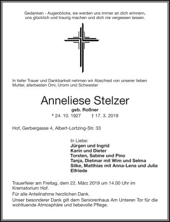 Traueranzeige von Anneliese Stelzer von Frankenpost