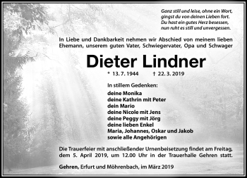 Traueranzeige von Dieter Lindner von Südthüringer Presse