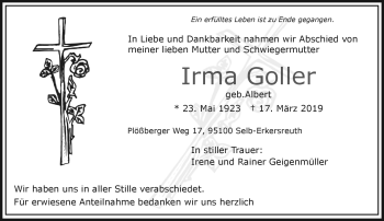 Traueranzeige von Irma Goller von Frankenpost