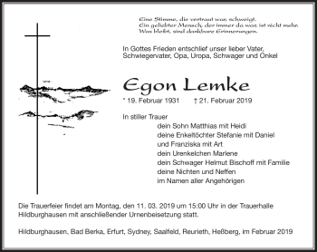 Traueranzeige von Egon Lemke von Südthüringer Presse