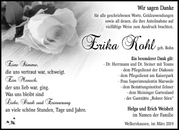 Traueranzeige von Erika Kohl von Südthüringer Presse