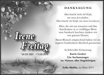 Traueranzeige von Irene Freitag von Südthüringer Presse