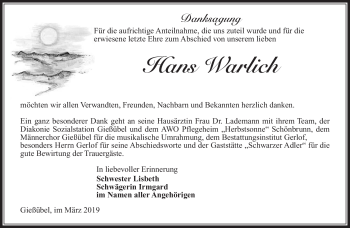 Traueranzeige von Hans Warlich von Südthüringer Presse
