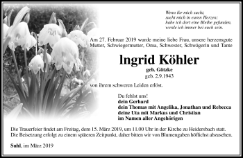 Traueranzeige von Ingrid Köhler von Südthüringer Presse