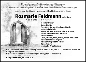 Traueranzeige von Rosmarie Feldmann von Südthüringer Presse