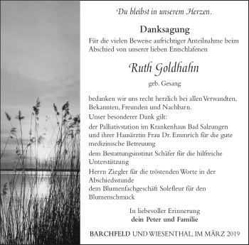 Traueranzeige von Ruth Goldhahn von Südthüringer Presse
