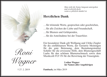 Traueranzeige von Roni Wagner von Südthüringer Presse