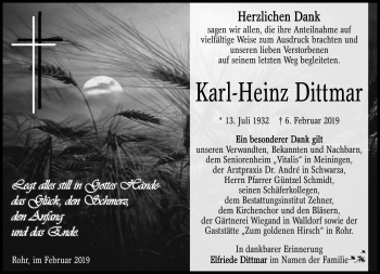 Traueranzeige von Karl-Heinz Dittmar von Südthüringer Presse