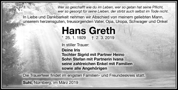 Traueranzeige von Hans Greth von Südthüringer Presse