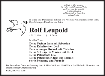 Traueranzeige von Rolf Leupold von Südthüringer Presse