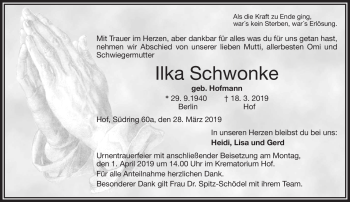 Traueranzeige von Ilka Schwonke von Frankenpost