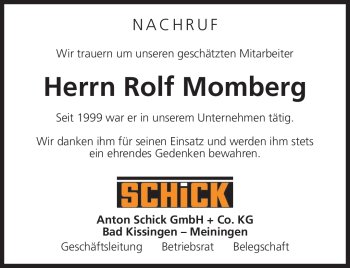Traueranzeige von Rolf Momberg von Südthüringer Presse