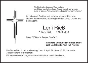 Traueranzeige von Leni Rieß von Frankenpost